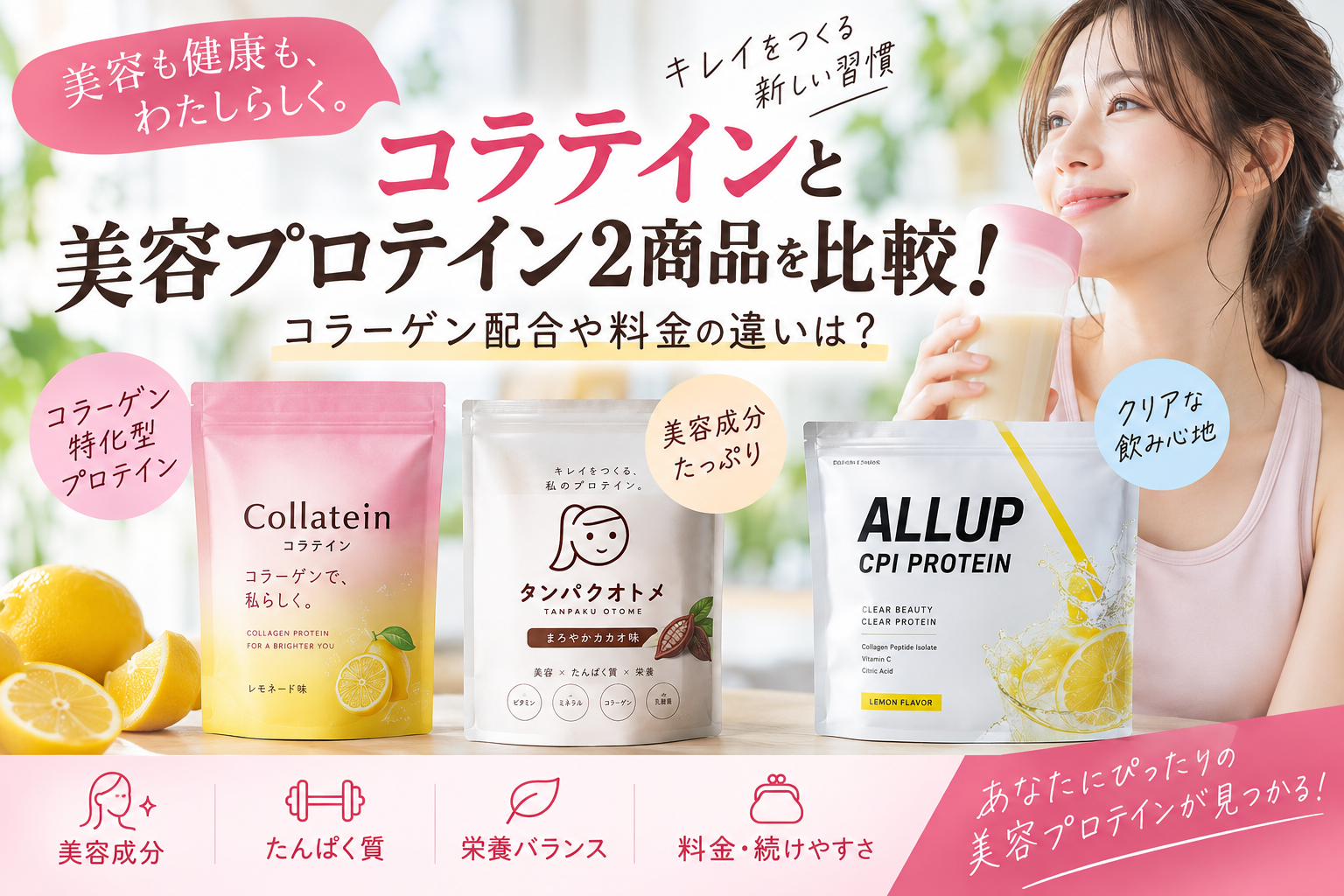 コラテインと美容プロテイン2商品を比較！コラーゲン配合や料金の違いは？